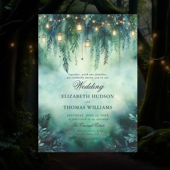 Invitation Lanternes à pendage de forêt enchantées Mariage de (enchanted forest theme wedding invitation hanging vines lanterns magical fairytale bespoke modern )