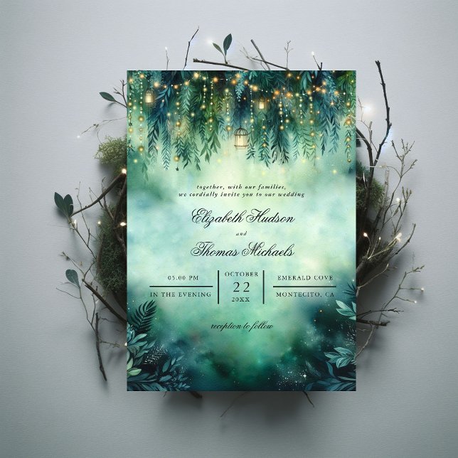 Invitation Lanternes de forêt enchantées Lumières de la fée M (enchanted forest fairy lights emerald green gold wedding invitation elegant formal modern classic)