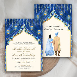 Invitation Lanternes d'or Mariage indien bleu