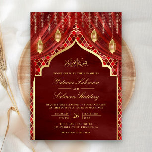 Invitation Lanternes d'or Maroon Rideau rouge Mariage musulma