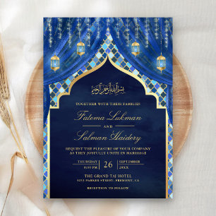 Invitation Lanternes d'or Rideau bleu royal Mariage musulman