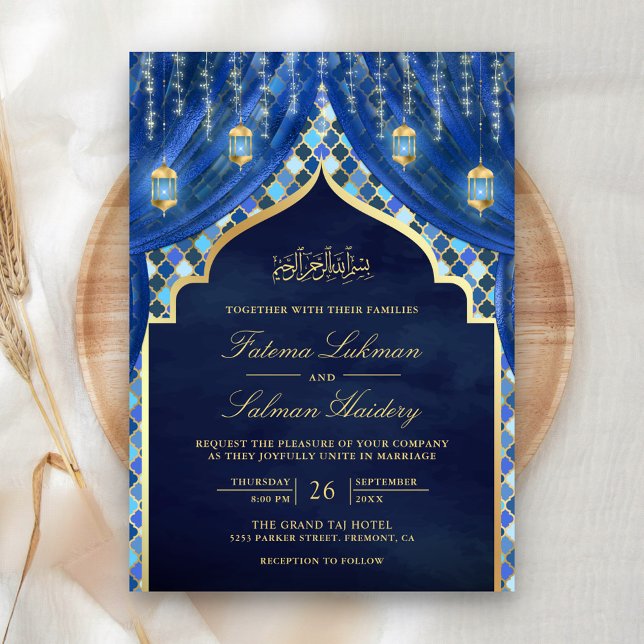 Invitation Lanternes d'or Rideau bleu royal Mariage musulman (Créateur téléchargé)