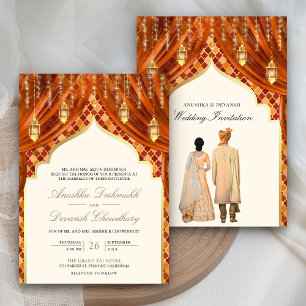 Invitation Lanternes d'or rouille Orange Indien Couple Mariag
