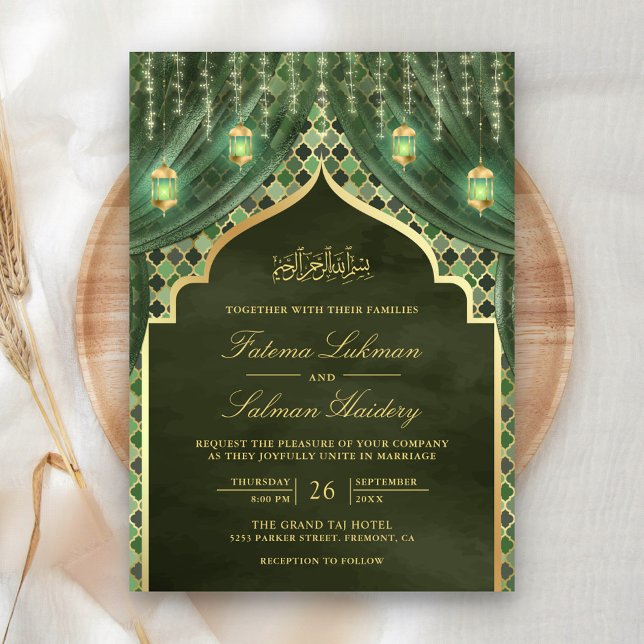 Invitation Lanternes d'or Sage rideau vert Mariage musulman (Créateur téléchargé)