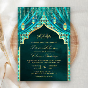 Invitation Lanternes d'or Turquoise rideau Mariage musulman