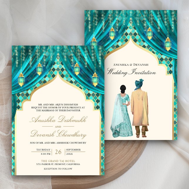 Invitation Lanternes dorées Couple indien de mariage sarcelle (Créateur téléchargé)