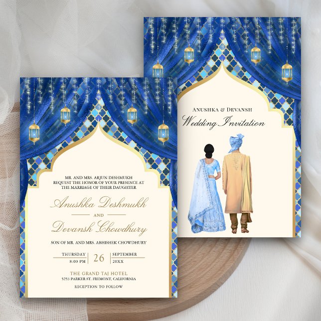 Invitation Lanternes dorées Couple indien Mariage bleu (Créateur téléchargé)
