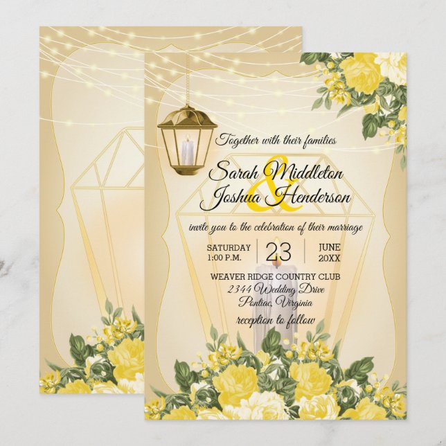 Invitation Lanternes dorées et Mariage de fleurs jaunes (Devant / Derrière)