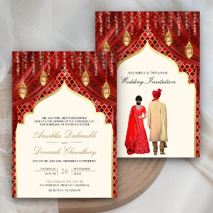 Invitation Lanternes dorées Mariage de couple indien rouge