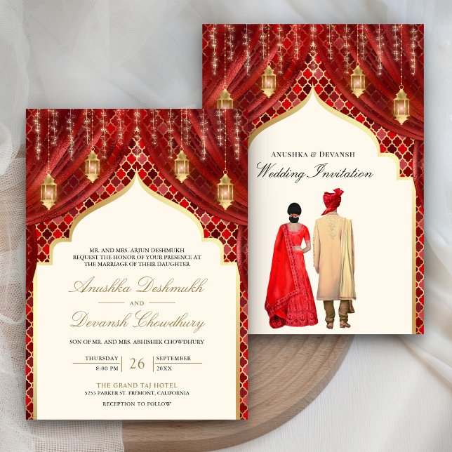 Invitation Lanternes dorées Mariage de couple indien rouge (Créateur téléchargé)