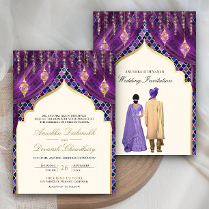 Invitation Lanternes dorées Mariage indien couple violet