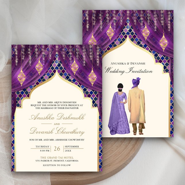 Invitation Lanternes dorées Mariage indien couple violet (Créateur téléchargé)