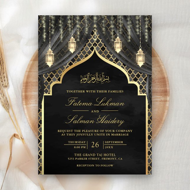 Invitation Lanternes dorées Rideau gris foncé Mariage musulma (Créateur téléchargé)