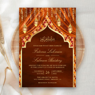 Invitation Lanternes dorées Rideau orange brûlé Mariage musul