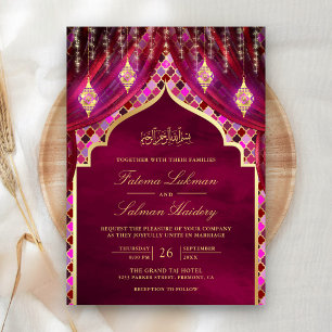 Invitation Lanternes dorées Rideau rose magenta Mariage musul