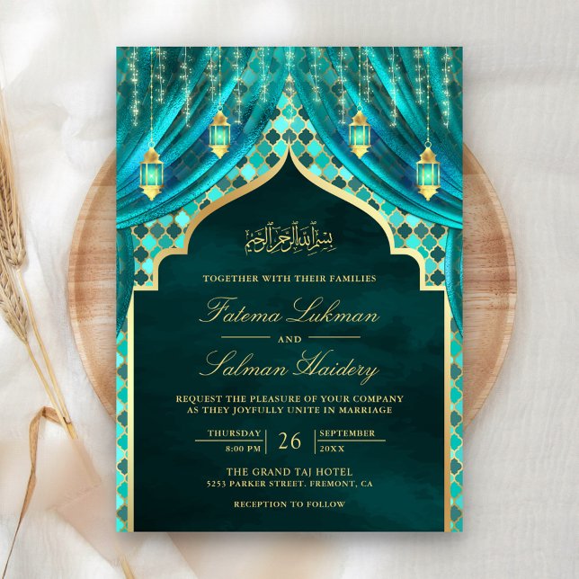 Invitation Lanternes dorées Rideau sarcelle Mariage musulman (Créateur téléchargé)