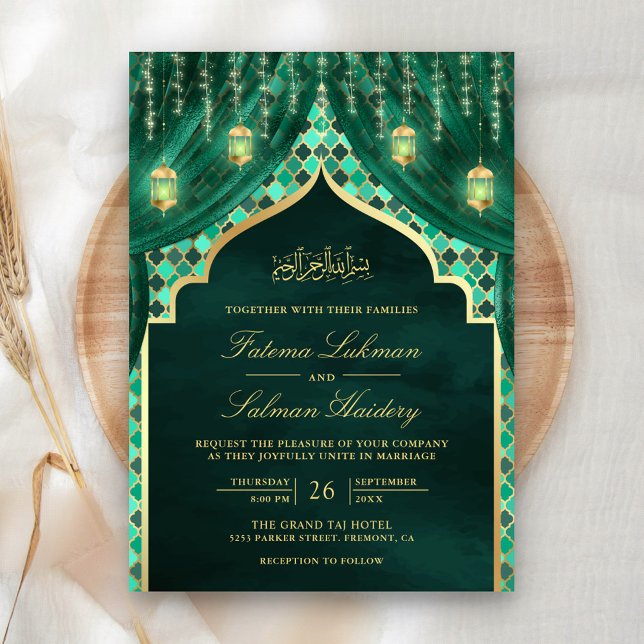 Invitation Lanternes dorées Rideau vert émeraude Mariage musu (Créateur téléchargé)