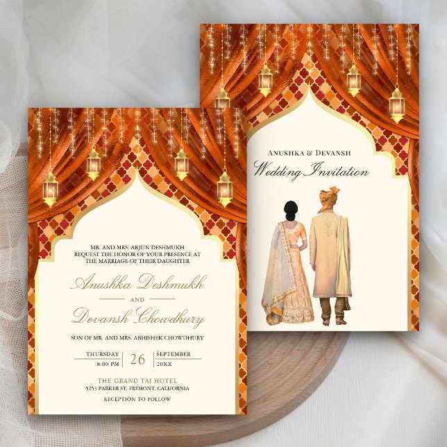 Invitation Lanternes dorées Rouille Orange Mariage Couple Ind (Créateur téléchargé)