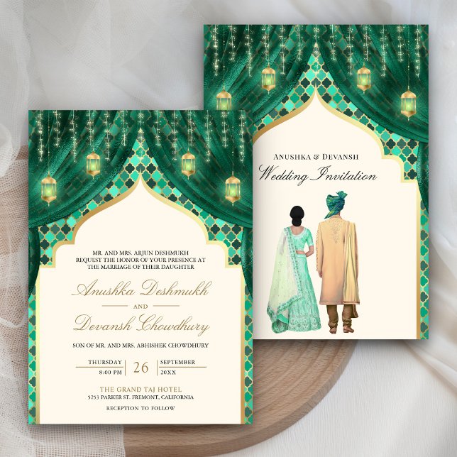 Invitation Lanternes dorées vert émeraude couple indien maria (Créateur téléchargé)