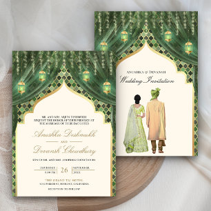 Invitation Lanternes dorées Vert sauge Mariage de couple indi