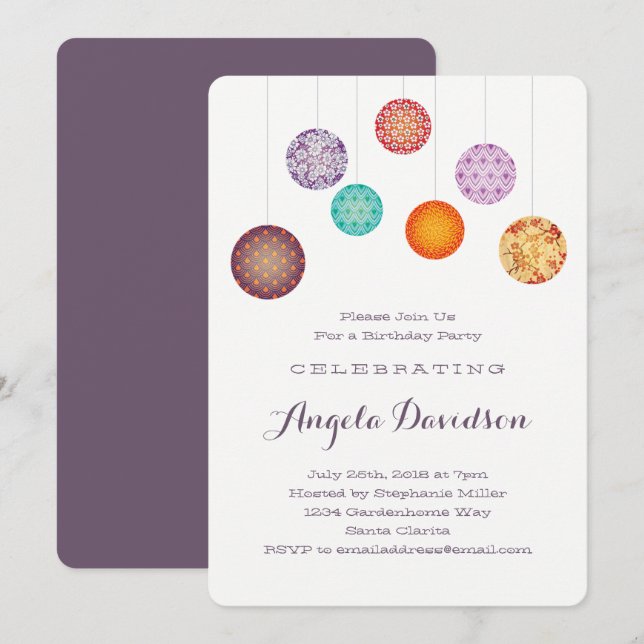 Invitation Lanternes en papier brillant Plum d'anniversaire (Devant / Derrière)