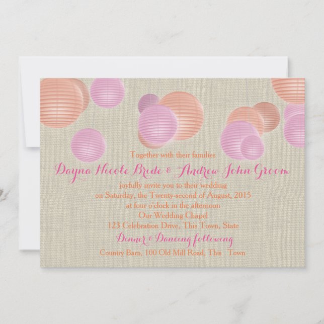 Invitation Lanternes en papier Coral rose Russe Mariage (Devant)