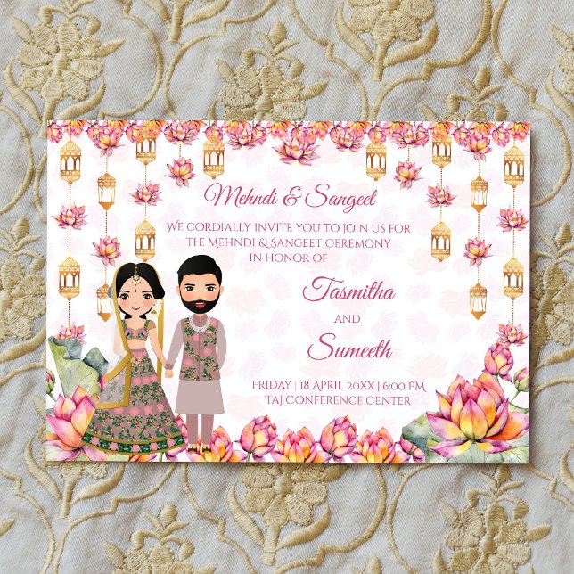 Invitation lanternes Lotus sangeet mariage indien (Lotus lanterns Indian wedding mehndi sangeet Invitation editable template instant digital download)