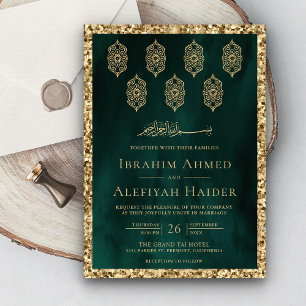 Invitation Lanternes Ornées Émeraude Vert Or Mariage Musulman