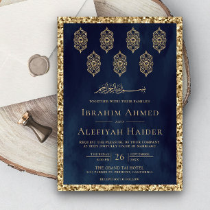 Invitation Lanternes Ornementales Vintage Bleu Or Mariage Mus