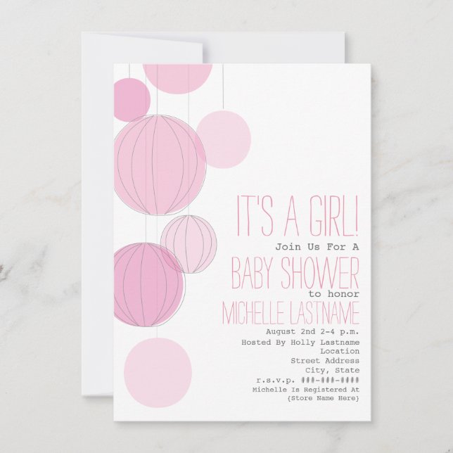Invitation Lanternes roses Baby shower fille (Devant)