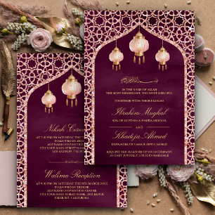 Invitation Lanternes roses Prune Rose Gold Mariage Musulman