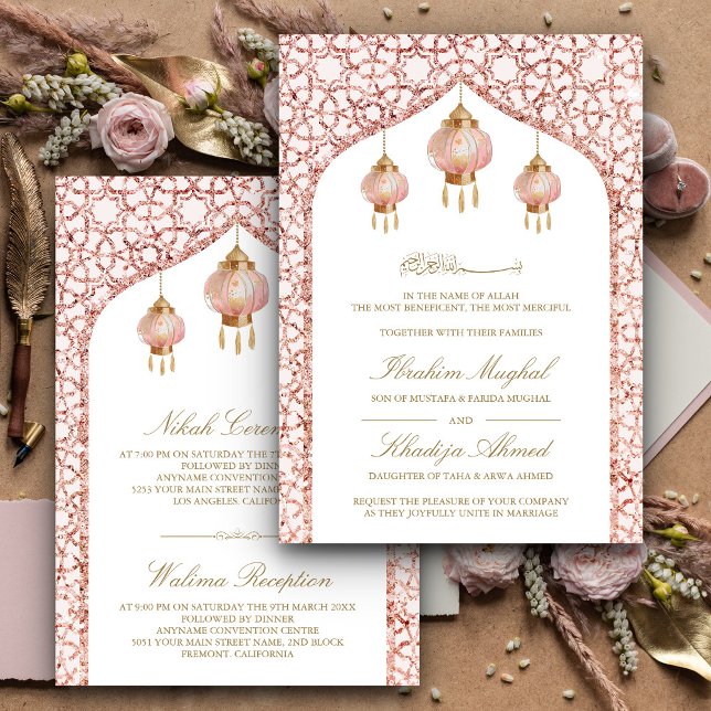 Invitation Lanternes roses rose doré Mariage musulman (Créateur téléchargé)