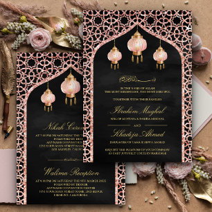Invitation Lanternes roses Rose noir or Mariage musulman