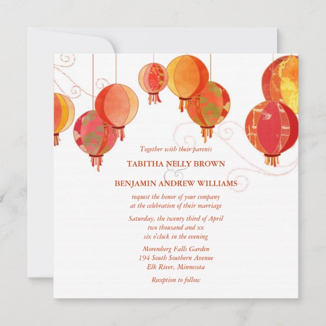 Invitation Lanternes rouges Mariage blanc moderne (Devant)