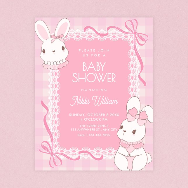 Invitation Lapin à arc rose mignon pour baby shower (Créateur téléchargé)