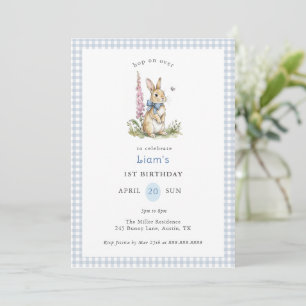 Invitation Lapin à l'aquarelle bleu Gingham garçon 1er Annive