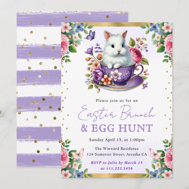 Invitation Lapin à l'aquarelle Fleurs de printemps Brunch de  (Devant / Derrière)