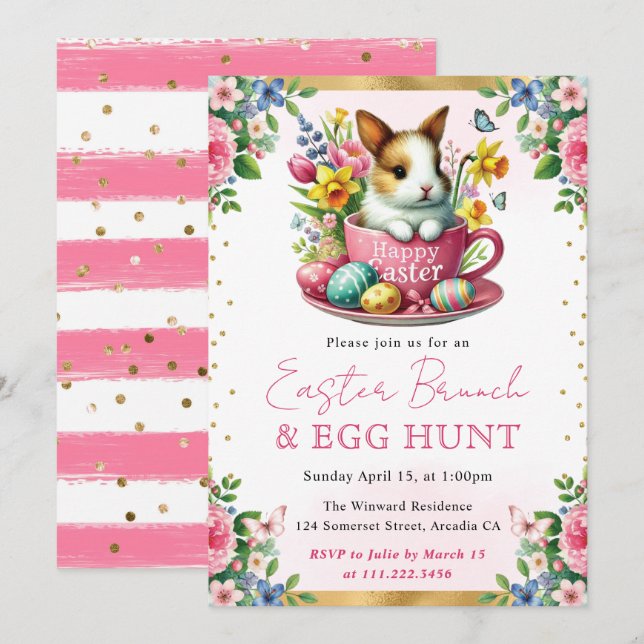 Invitation Lapin à l'aquarelle Fleurs de printemps Brunch de  (Devant / Derrière)