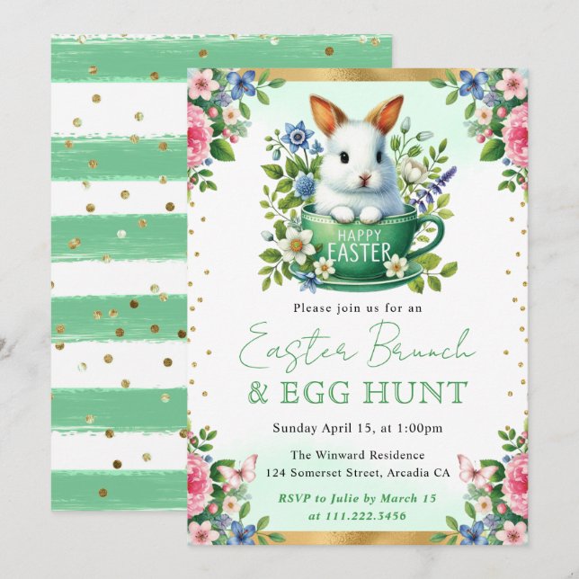 Invitation Lapin à l'aquarelle Fleurs de printemps Bruncht de (Devant / Derrière)