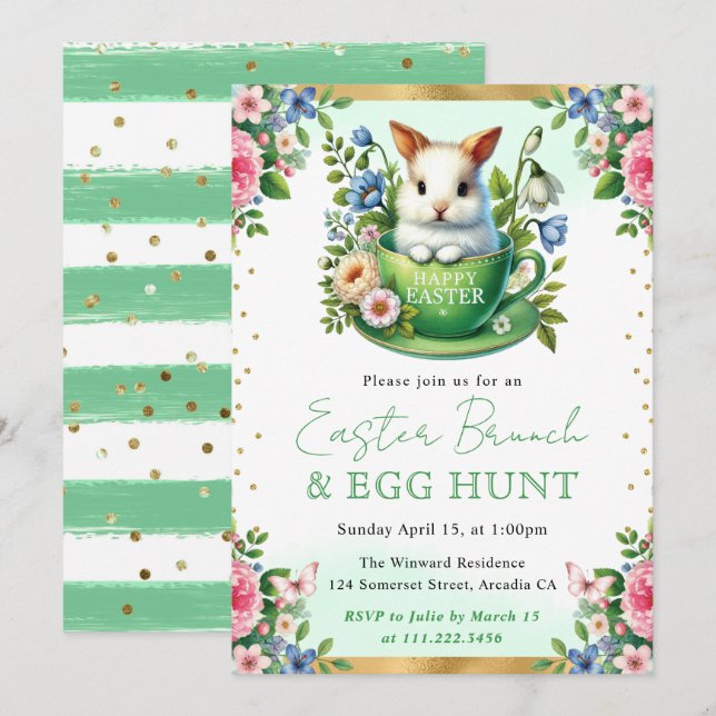 Invitation Lapin à l'aquarelle Fleurs de printemps Pâques Bru (Devant / Derrière)
