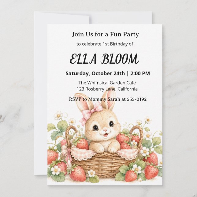 Invitation Lapin à l'eau de fraise mignon pour 1er anniversai (Devant)