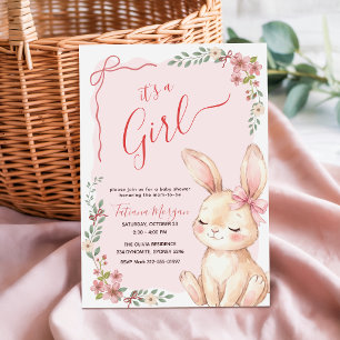 Invitation Lapin à ruban rose Vichy floral Fille Baby Shower