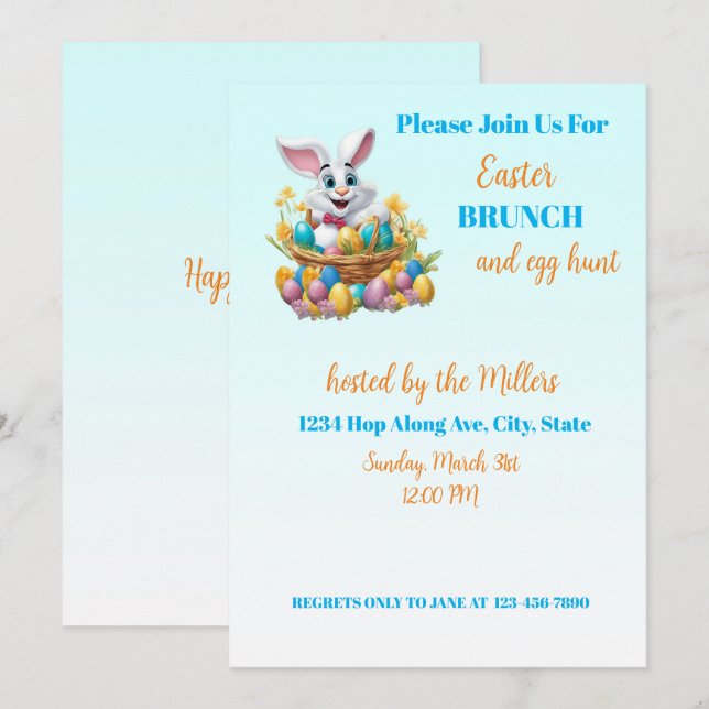 Invitation 🐇 lapin adorable Brunch de Pâques et chasse aux o (Devant / Derrière)