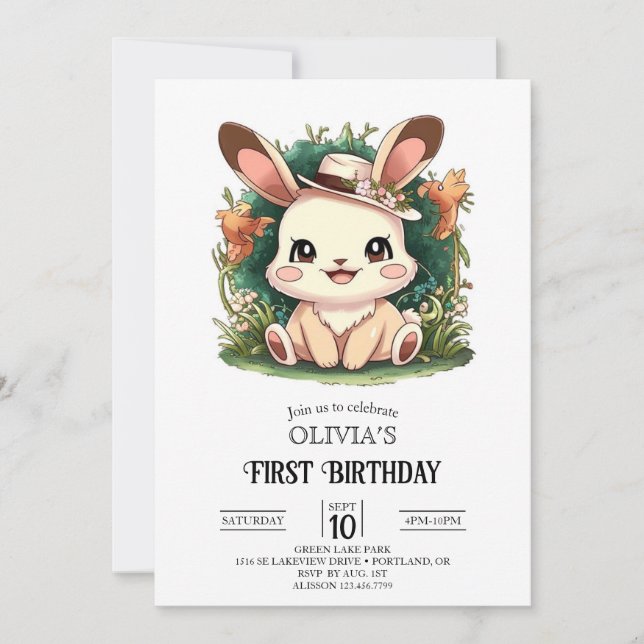 Invitation Lapin adorable Bunny 1er Anniversaire numérique (Devant)
