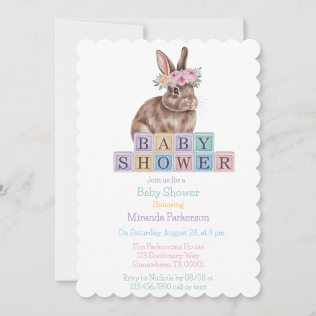 Invitation Lapin Aquarelle Avec Baby shower Fleur Couronne (Devant)
