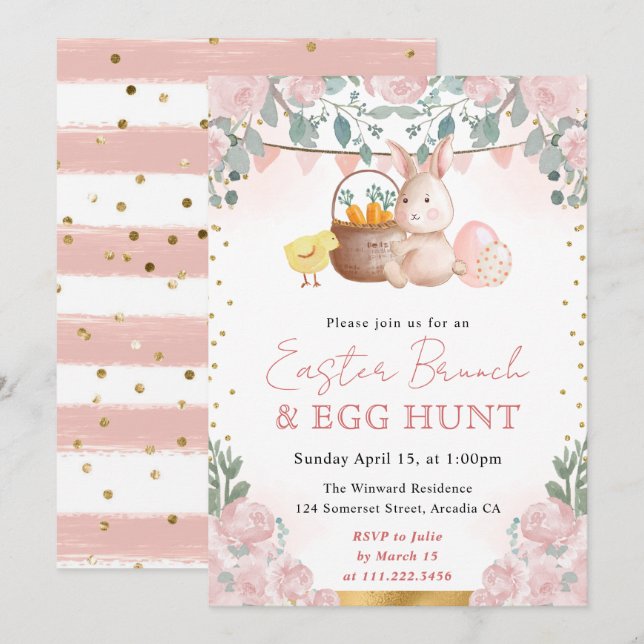 Invitation Lapin aquarelle et fleurs printanières de Pâques (Devant / Derrière)