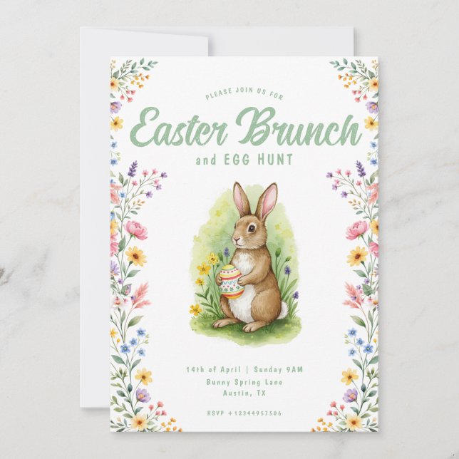 Invitation Lapin aquarelle pastel floral brunch de Pâques (Devant)