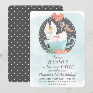 Invitation Lapin aux tasses de thé aquarelle Fête d'anniversa