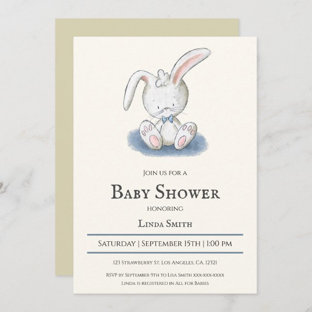 Invitation Lapin avec Cravate Bleu Bow Baby shower garçon (Devant / Derrière)
