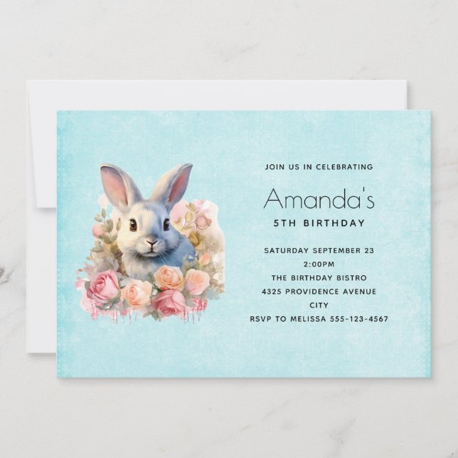 Invitation Lapin avec une guirlande de roses Joyeux Anniversa (Devant)